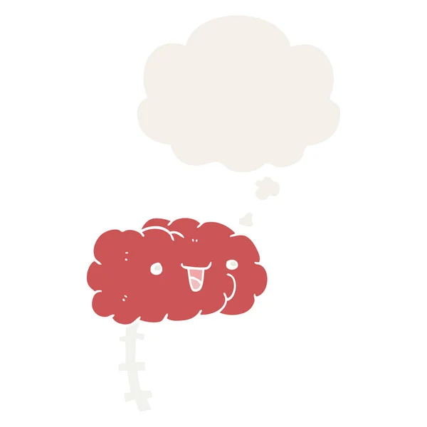 Heureux cerveau dessin animé et bulle de pensée dans le style rétro — Image vectorielle