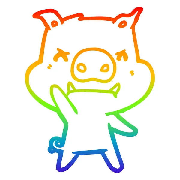 Regenboog gradiënt lijntekening boze cartoon varken — Stockvector