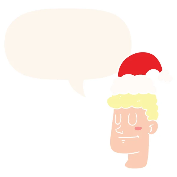 Hombre de dibujos animados con sombrero de Navidad y burbuja de habla en retro sty — Vector de stock