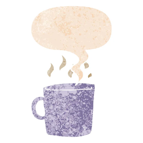 Desenho animado xícara quente de café e fala bolha em retro texturizado st — Vetor de Stock