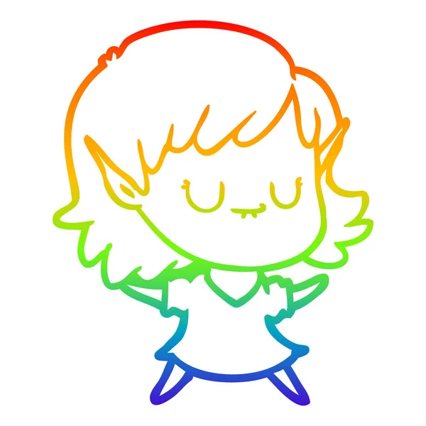 Regenboog gradiënt lijntekening gelukkig cartoon elf meisje — Stockvector