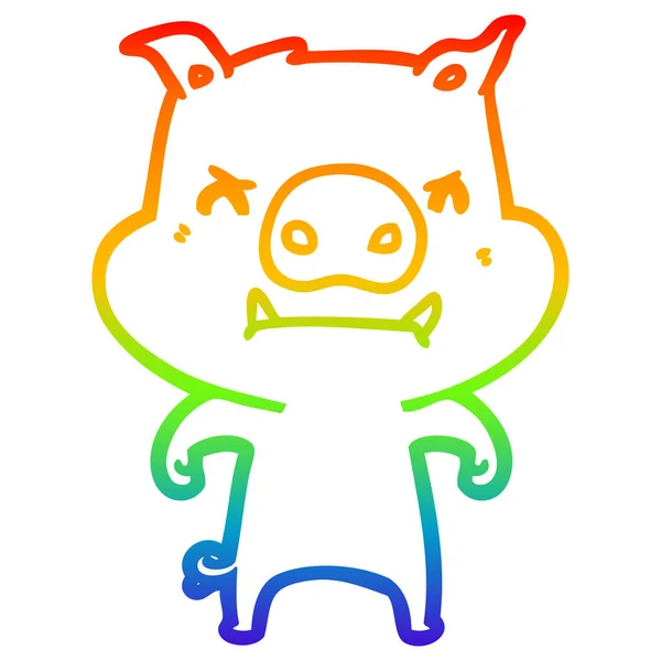 Rainbow gradient line drawing angry cartoon pig — Stock Vector
