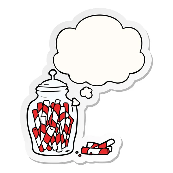 Cartoon jar van snoep en dacht Bubble als een gedrukte sticker — Stockvector