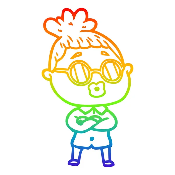 Arco iris gradiente línea dibujo dibujos animados mujer usando gafas — Vector de stock