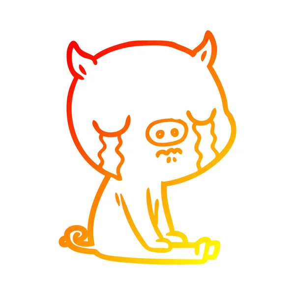 Тёплая градиентная линия рисует мультяшную свинью плачущей — стоковый вектор
