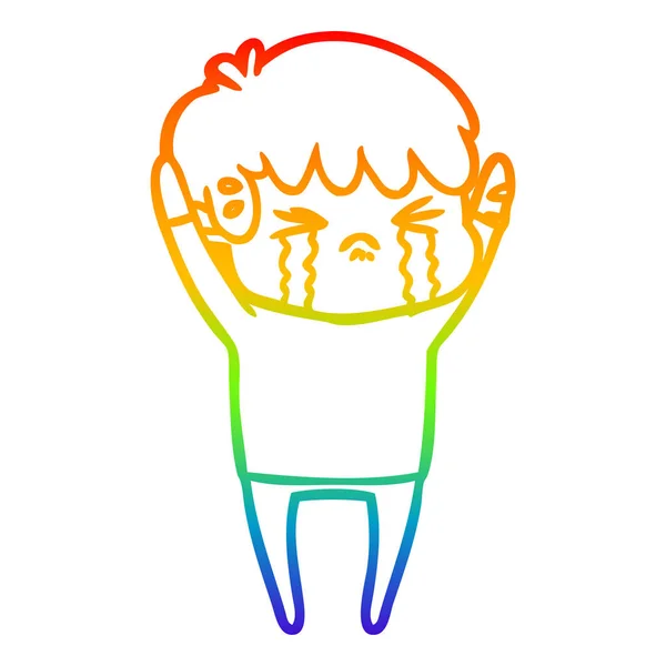 Regenbogengradienten Linie Zeichnung Karikatur Junge weinen — Stockvektor