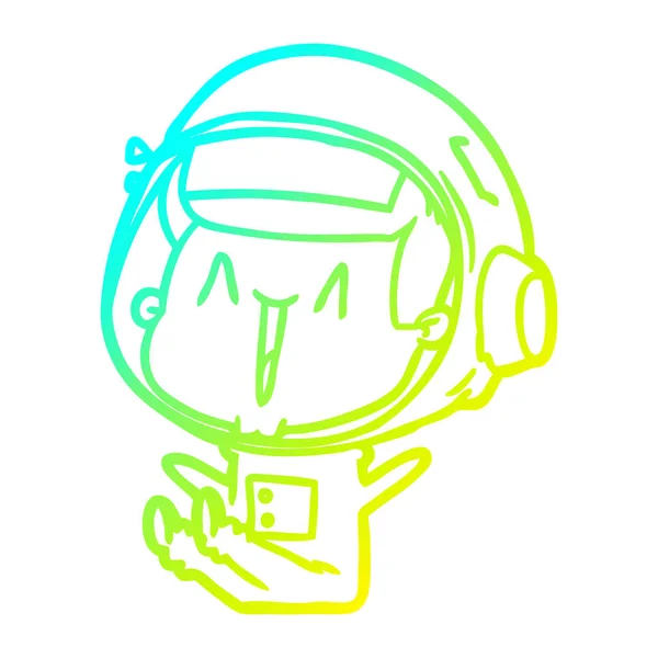 冷たいグラデーションラインは、座って幸せな漫画の宇宙飛行士を描く — ストックベクタ