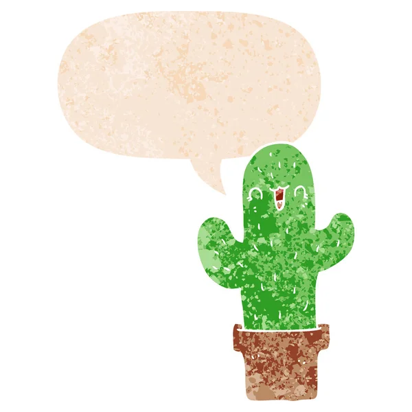 Cactus de dessin animé et bulle de parole dans un style texturé rétro — Image vectorielle