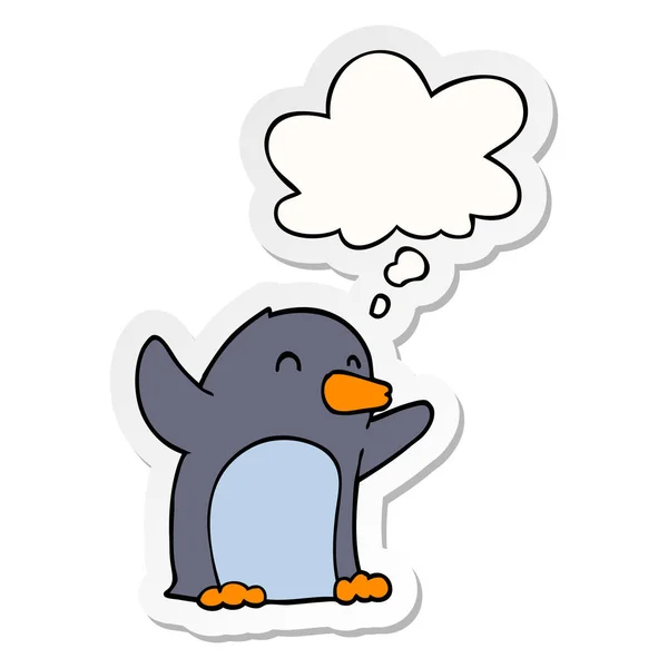 Karikatür heyecanlı penguen ve baskılı bir etiket olarak kabarcık düşünce — Stok Vektör