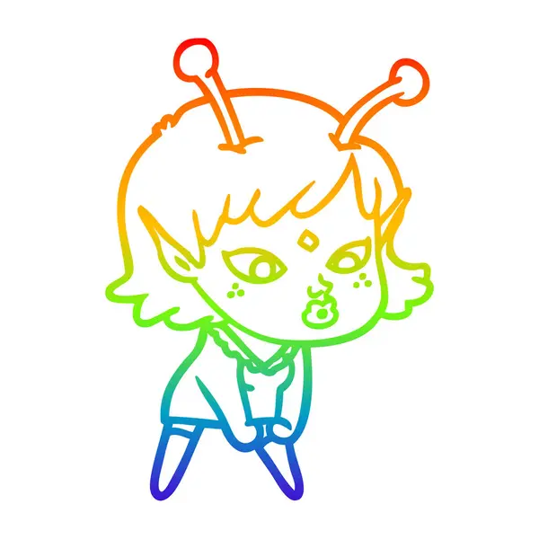 Regenbogen-Gradienten-Linie Zeichnung hübsch cartoon alien girl — Stockvektor