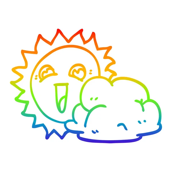 Rainbow gradient linje ritning tecknad sol och moln — Stock vektor