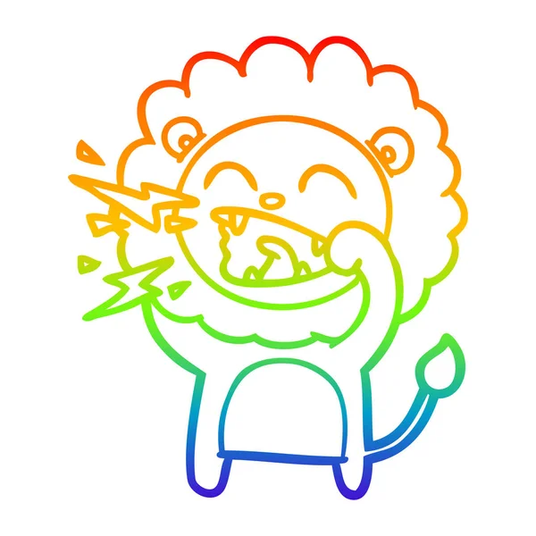 Arco iris gradiente línea dibujo dibujos animados rugiente león — Vector de stock