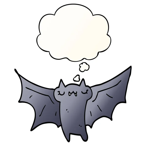 Lindo murciélago de Halloween de dibujos animados y burbuja de pensamiento en gradiente suave — Vector de stock