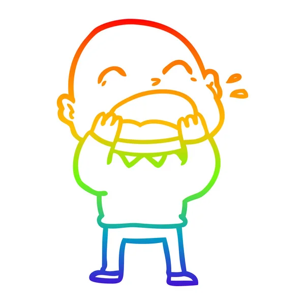 Rainbow gradient line drawing cartoon shouting bald man — Stock Vector