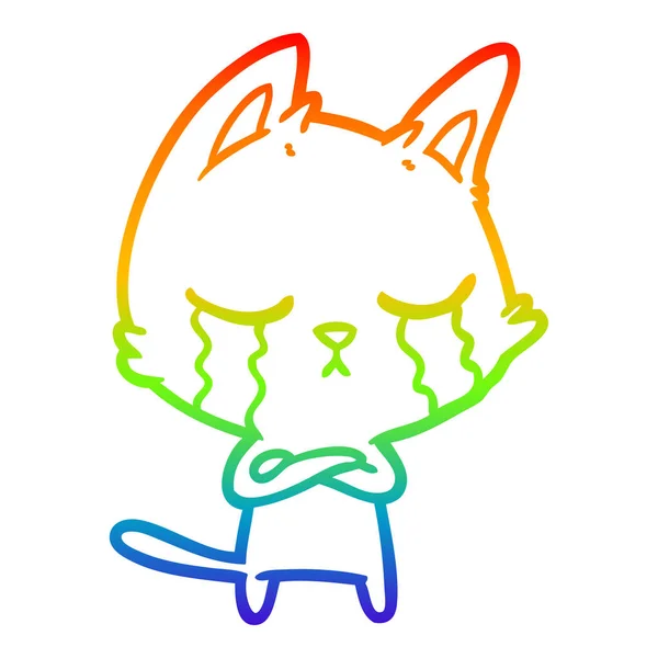 虹のグラデーションライン描画泣く漫画の猫 — ストックベクタ