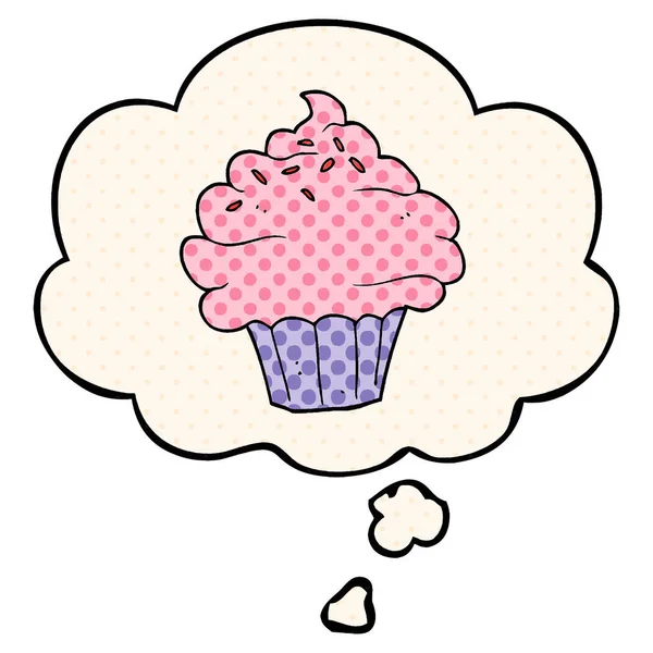 Cartoon cupcake and thought bubble in comic book style — Stock Vector