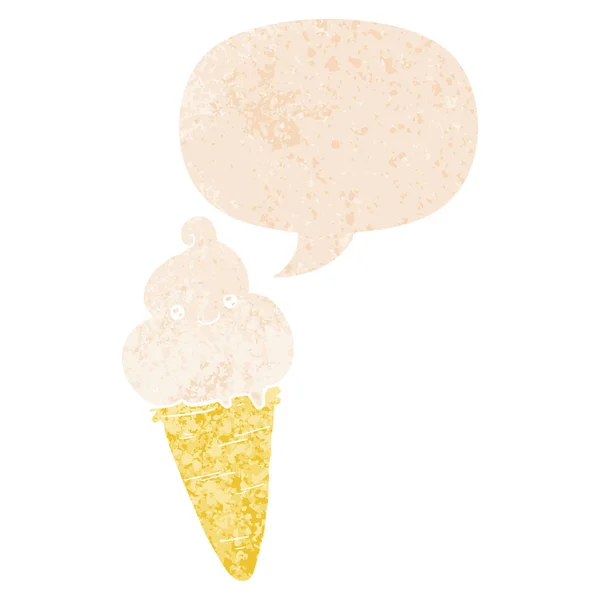 Cartoon ice cream and speech bubble in retro textured style — Stock Vector