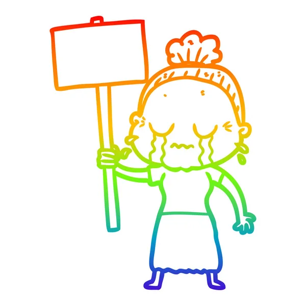Linea gradiente arcobaleno disegno cartone animato vecchia donna piangendo mentre pro — Vettoriale Stock