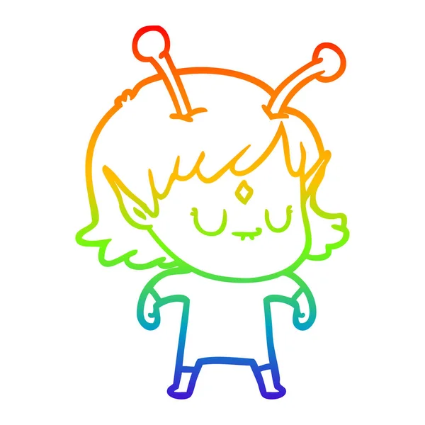 Regenboog gradiënt lijntekening cartoon Alien meisje — Stockvector