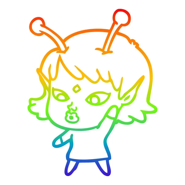 Linea gradiente arcobaleno disegno piuttosto cartone animato ragazza aliena — Vettoriale Stock