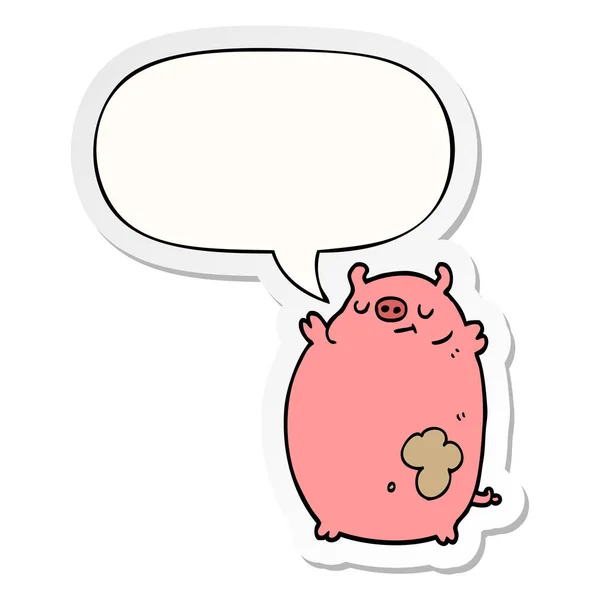 Cartoon vet varken en toespraak bubble sticker — Stockvector