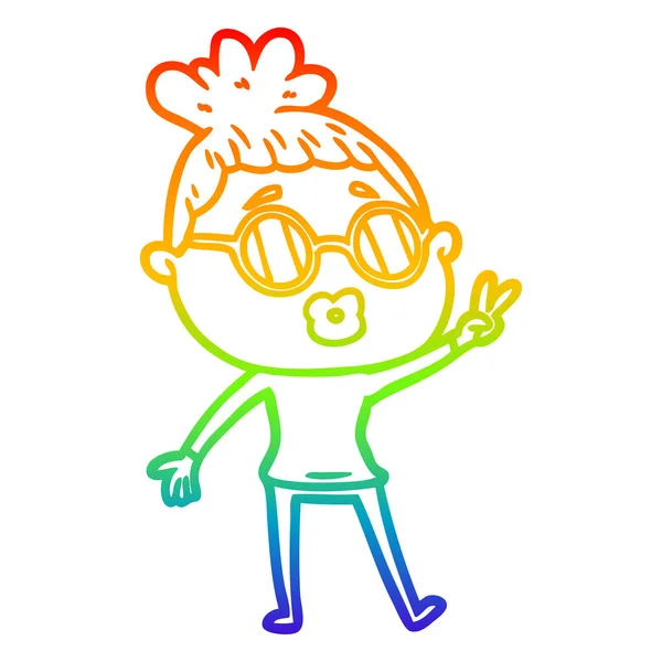 Rainbow gradient ligne dessin dessin animé femme faisant signe de paix — Image vectorielle