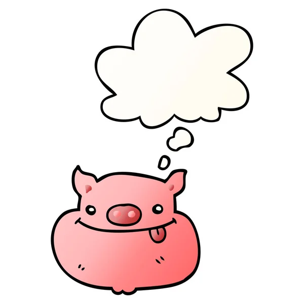 Dibujos animados feliz cara de cerdo y burbuja de pensamiento en gradiente suave sty — Vector de stock
