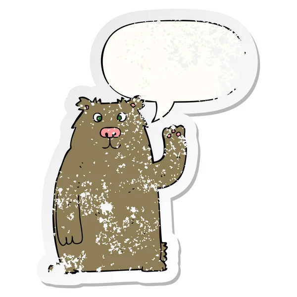 Cartoon Bear en toespraak bubble noodlijdende sticker — Stockvector