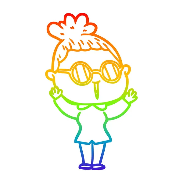 Rainbow gradient line drawing cartoon woman wearing spectacles — Stock Vector