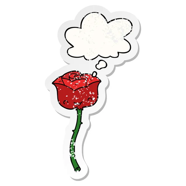 Cartoon Rose en dacht Bubble als een verdrietig versleten sticker — Stockvector