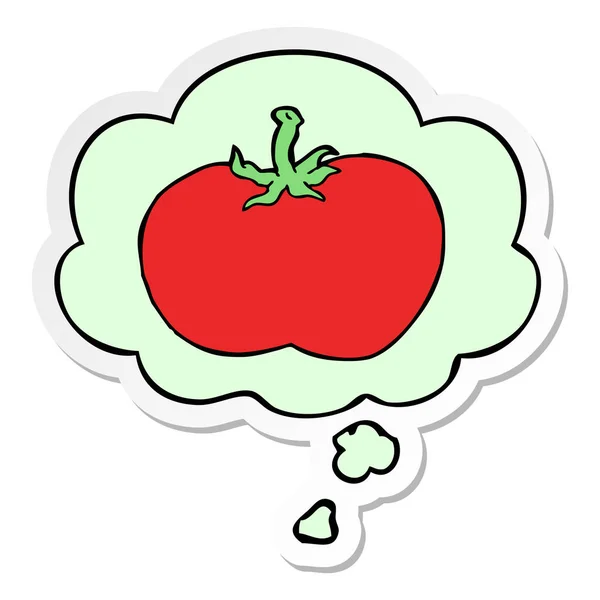 Karikatür domates ve baskılı bir etiket olarak kabarcık düşünce — Stok Vektör