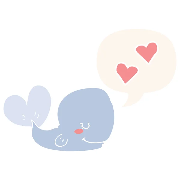 Cartoon whale in love and speech bubble in retro style — Stock Vector