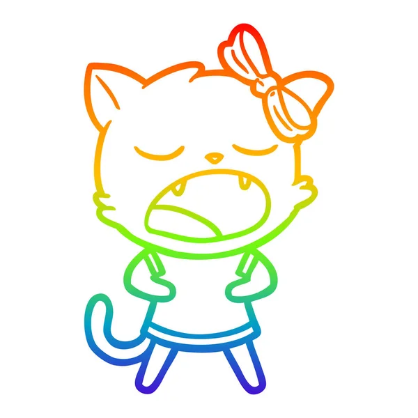 Rainbow gradient ligne dessin dessin dessin animé bâillement chat — Image vectorielle