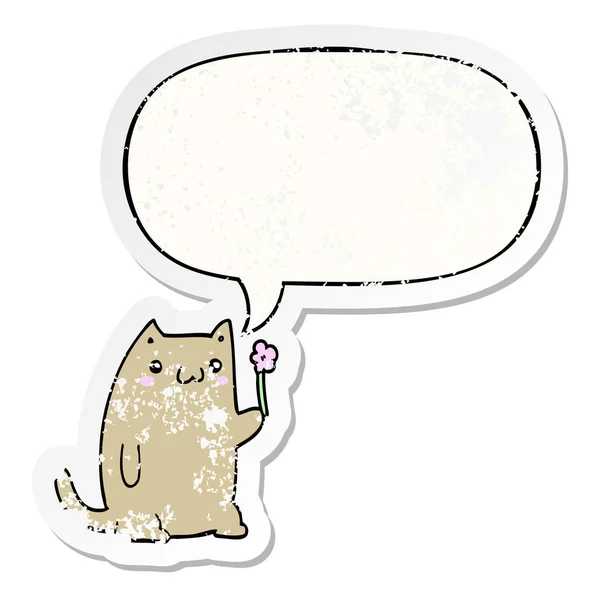 Милый мультяшный кот и цветок и речи пузырь наклейка бедствия — стоковый вектор