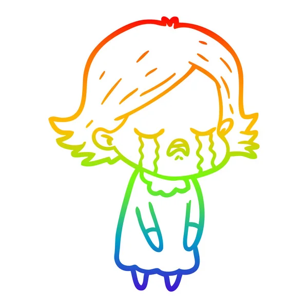 Arcobaleno gradiente linea disegno cartone animato ragazza piangendo — Vettoriale Stock