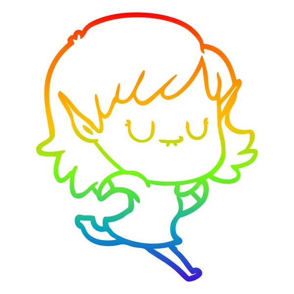 虹のグラデーションラインは、幸せな漫画エルフの女の子が実行して描く — ストックベクタ