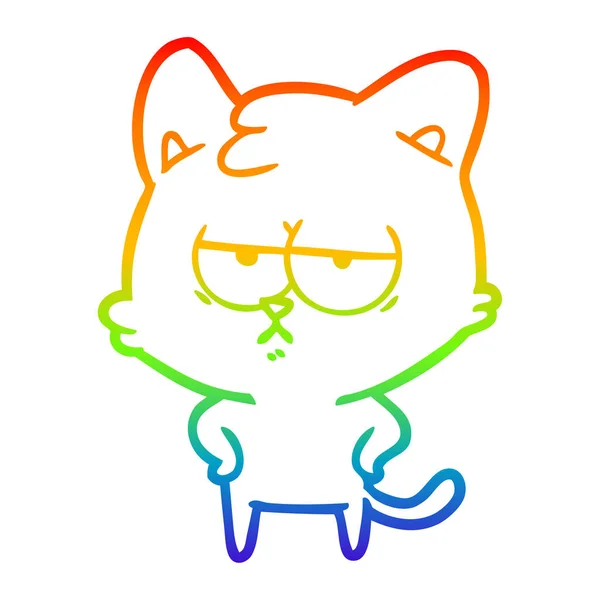 Rainbow gradient ligne dessin ennuyé dessin animé chat — Image vectorielle