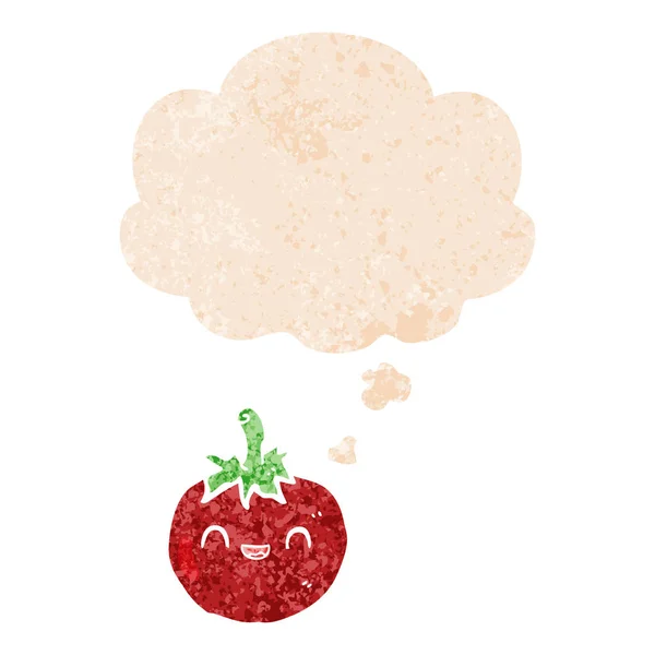 Retro dokulu tarzında sevimli karikatür domates ve düşünce balonu — Stok Vektör