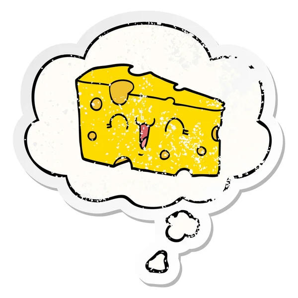 Cartoni animati formaggio e bolla pensiero come un adesivo indossato angosciato — Vettoriale Stock