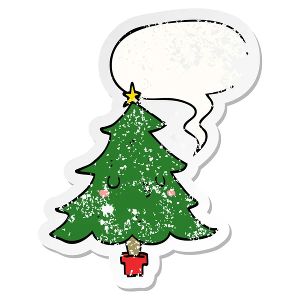 Aranyos karikatúra karácsonyfa és a beszéd buborék bajba jutott matrica — Stock Vector