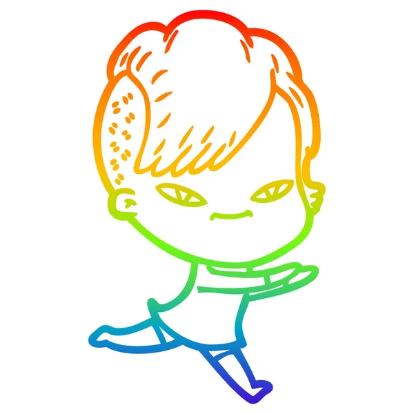 Regenbogen-Gradienten-Linie Zeichnung niedlichen Cartoon-Mädchen mit Hipster-hai — Stockvektor