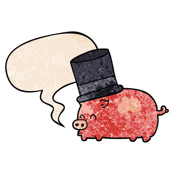 retro doku s üst şapka ve konuşma balonu giyen karikatür domuz