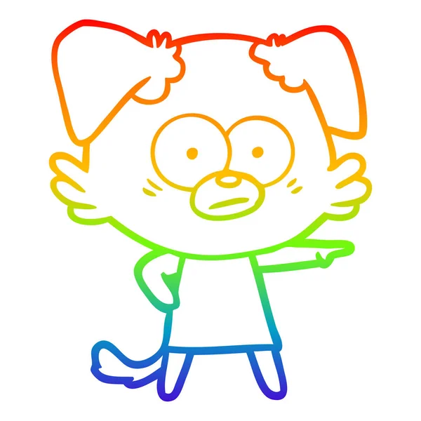 Regenbogen-Gradientenlinie zeichnet nervösen Cartoon-Hund im Kleidungspunkt — Stockvektor