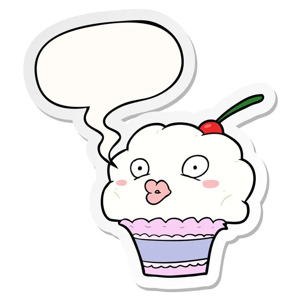 Funny cartoon cupcake and speech bubble sticker — Stock Vector