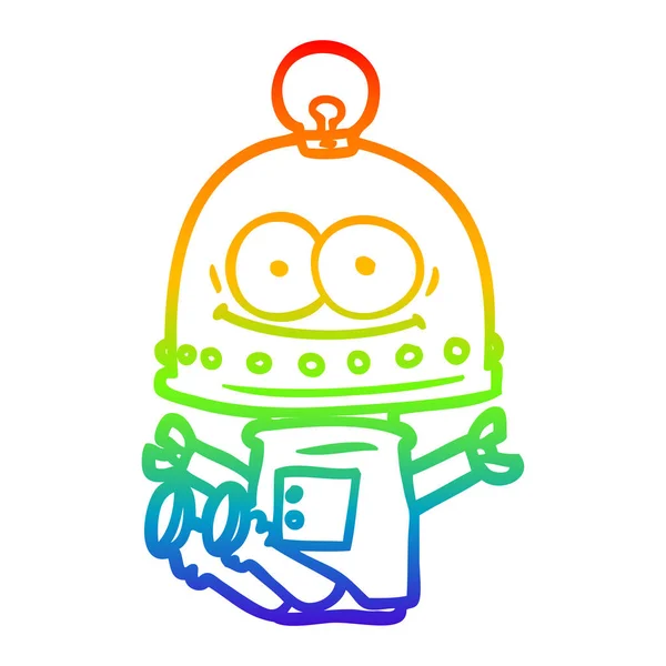 Línea de gradiente arco iris dibujo robot de cartón feliz con bombilla — Vector de stock