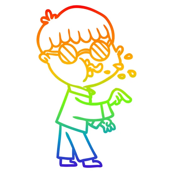 Arco-íris linha gradiente desenho cartoon menino vestindo óculos e —  Vetores de Stock