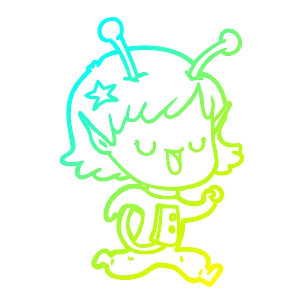 Frío gradiente línea dibujo feliz chica alienígena dibujos animados — Vector de stock