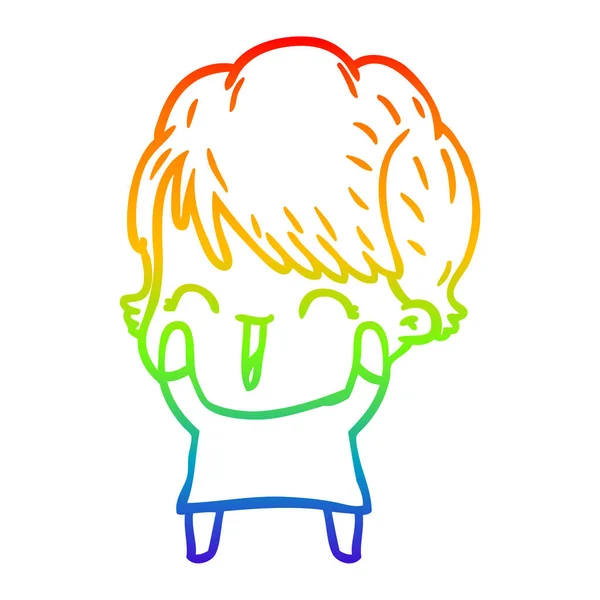 Arco iris gradiente línea dibujo dibujos animados riendo mujer — Vector de stock