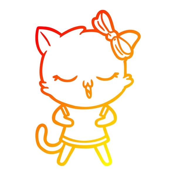 Línea de gradiente caliente dibujo gato de dibujos animados con arco en la cabeza — Archivo Imágenes Vectoriales