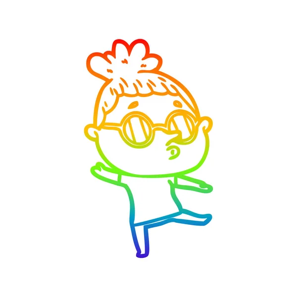 Arco iris gradiente línea dibujo dibujos animados mujer usando gafas — Vector de stock